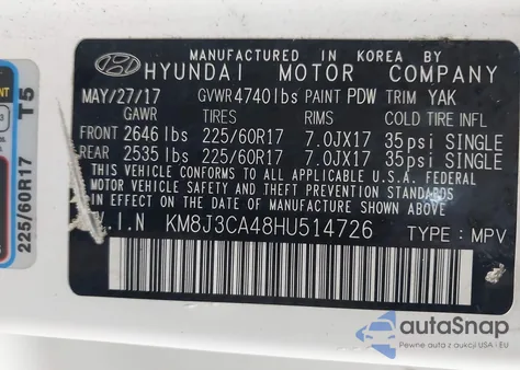 2017 Hyundai Tucson Se z USA, uszkodzony, nr VIN KM8J3CA48HU514726